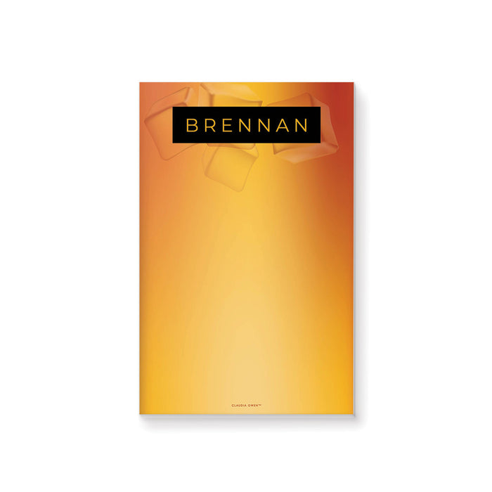 Whiskey-themed personalized notepad featuring an amber gradient, ice cube details, and a black nameplate, ideal as a gift, party favor, or event keepsake.