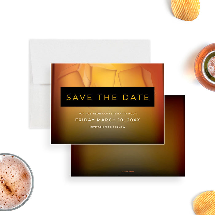 Whiskey-themed save the date card featuring amber tones and an ice cube design, customizable for weddings, happy hours, parties, or corporate events.-front-back
