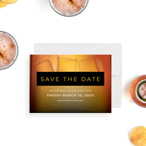 Whiskey-themed save the date card featuring amber tones and an ice cube design, customizable for weddings, happy hours, parties, or corporate events.-front