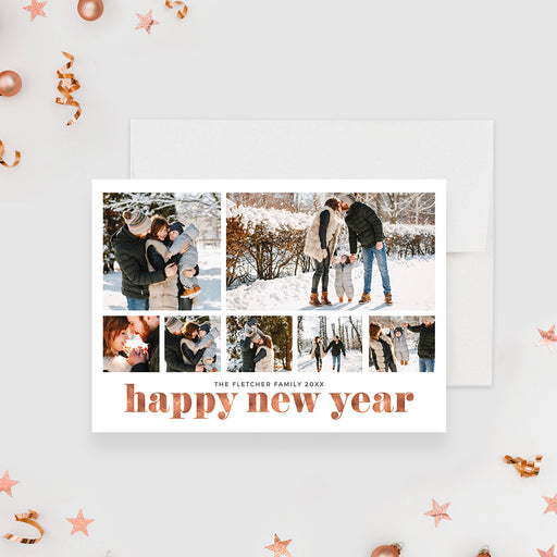 Happy New Year family photo card with a seven photo collage and copper colored lettering.