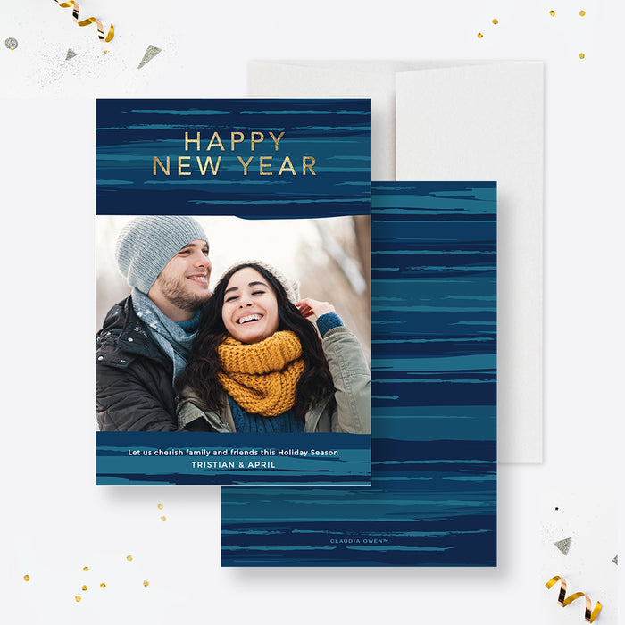 Happy New Year photo card featuring a custom photo with a blue and gold modern design border.