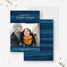 Happy New Year photo card featuring a custom photo with a blue and gold modern design border.