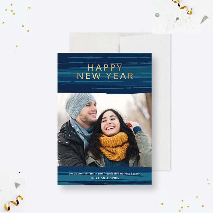 Happy New Year photo card featuring a custom photo with a blue and gold modern design border.