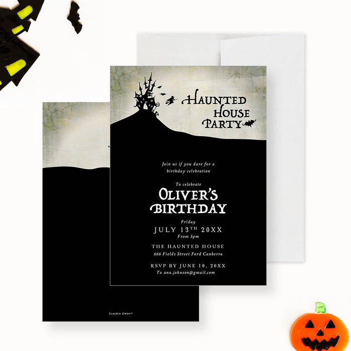 spooky haunted house birthday invitation with a haunted mansion silhouette on a hill, bats, flying witch, vintage gothic design, and custom details-front-back