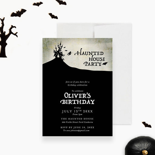 spooky haunted house birthday invitation with a haunted mansion silhouette on a hill, bats, flying witch, vintage gothic design, and custom details-front