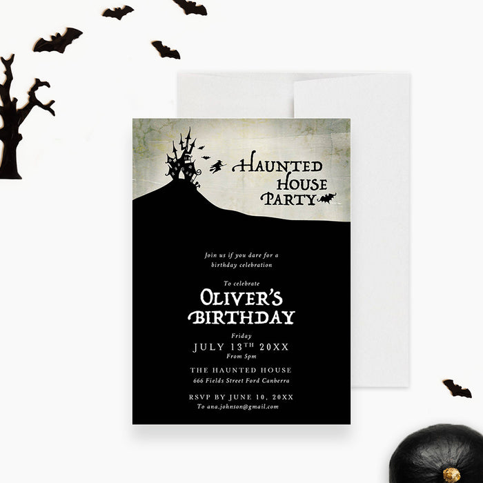 spooky haunted house birthday invitation with a haunted mansion silhouette on a hill, bats, flying witch, vintage gothic design, and custom details-front