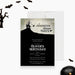 spooky haunted house birthday invitation with a haunted mansion silhouette on a hill, bats, flying witch, vintage gothic design, and custom details-front