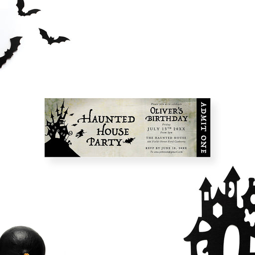 spooky haunted house ticket invitation with a haunted mansion silhouette on a hill, bats, flying witch, vintage gothic design, and custom event details