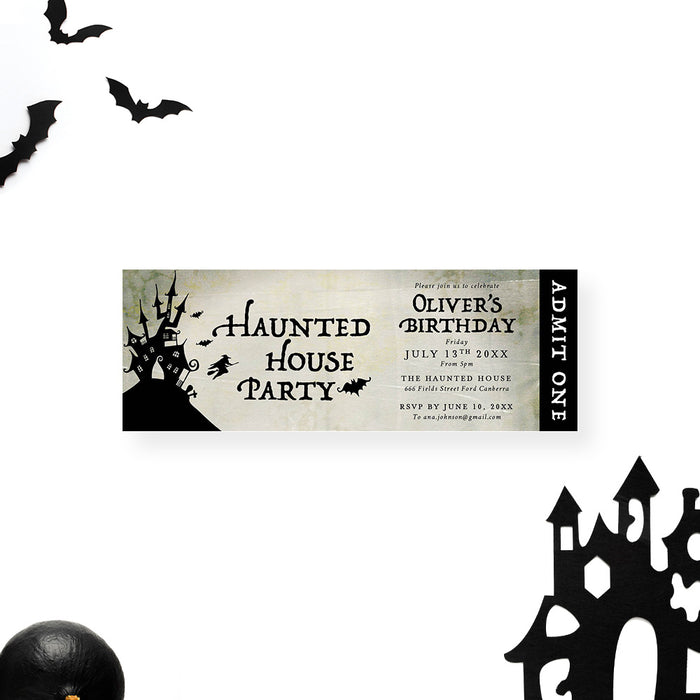 spooky haunted house ticket invitation with a haunted mansion silhouette on a hill, bats, flying witch, vintage gothic design, and custom event details