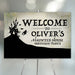 haunted house birthday welcome sign with spooky black silhouette house, witch, bats, and personalized birthday party wording