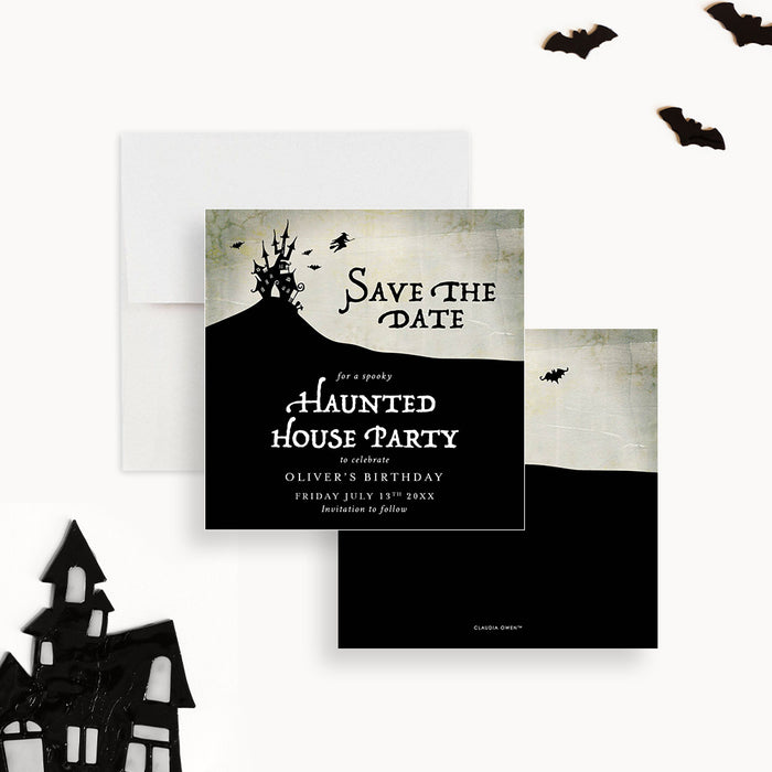 spooky haunted house birthday save the date card with a haunted mansion silhouette on a hill, bats, flying witch, vintage gothic design, and custom event details-front-back