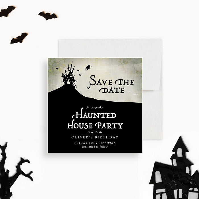 spooky haunted house birthday save the date card with a haunted mansion silhouette on a hill, bats, flying witch, vintage gothic design, and custom event details-front