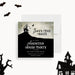 spooky haunted house birthday save the date card with a haunted mansion silhouette on a hill, bats, flying witch, vintage gothic design, and custom event details-front