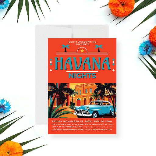 Havana Nights tropical party invitation with vintage car and palm trees illustration-front