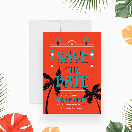 Havana Nights tropical save the date card with palm trees and a bold retro design-front