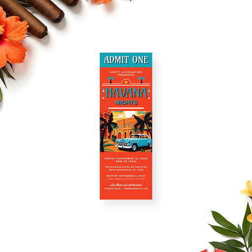 Havana Nights admit-one ticket invitation featuring palm trees and a vintage Cuban car in bold tropical colors