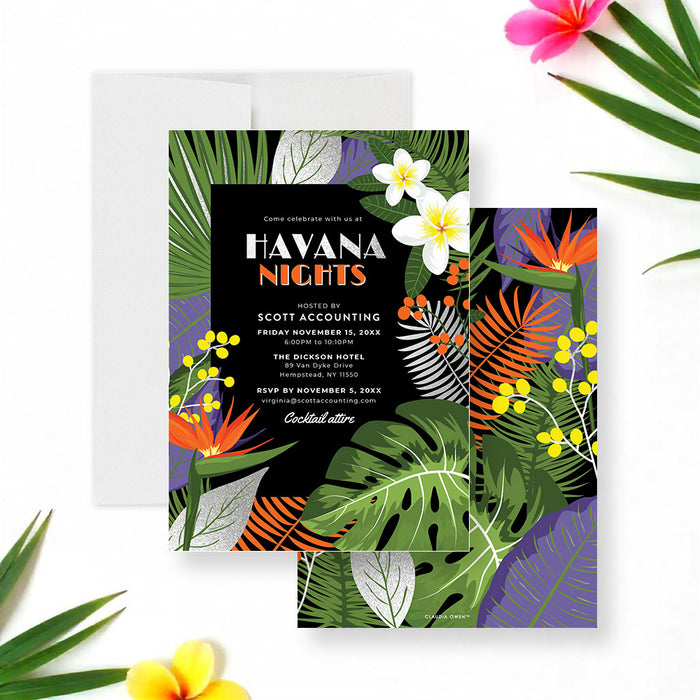 Havana nights invitation featuring tropical flowers, lush greenery, and vibrant colors for tropical or Cuban-themed celebrations.-front-back