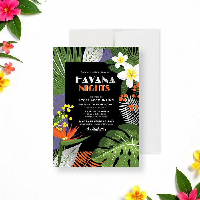 Havana nights invitation featuring tropical flowers, lush greenery, and vibrant colors for tropical or Cuban-themed celebrations.-front