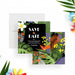 Havana Nights save the date card with tropical leaves and bright flowers-front-back
