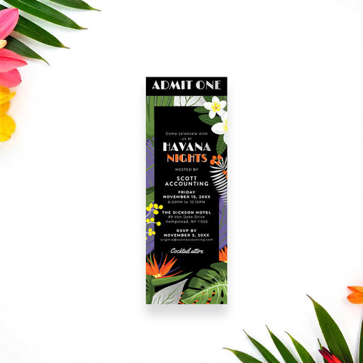 Havana Nights ticket invitation with tropical leaves and flowers, admit-one ticket for summer or tropical parties.