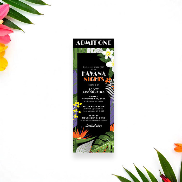 Havana Nights ticket invitation with tropical leaves and flowers, admit-one ticket for summer or tropical parties.