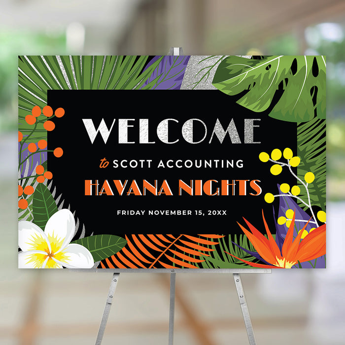 Havana nights welcome sign with colorful florals and lush palm leaves, perfect for summer or tropical-themed parties.