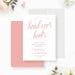 Romantic engagement invitation featuring “head over heels” in blush pink script with elegant minimalist layout-front-back