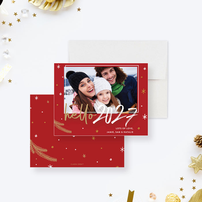 Hello 2027 family photo holiday card personalized for New Year greetings.-front-back