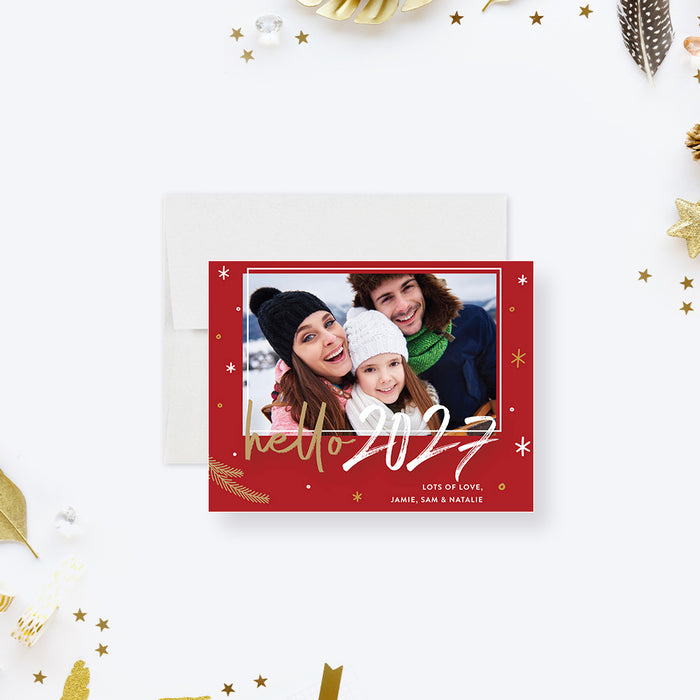 Hello 2027 family photo holiday card personalized for New Year greetings.-front