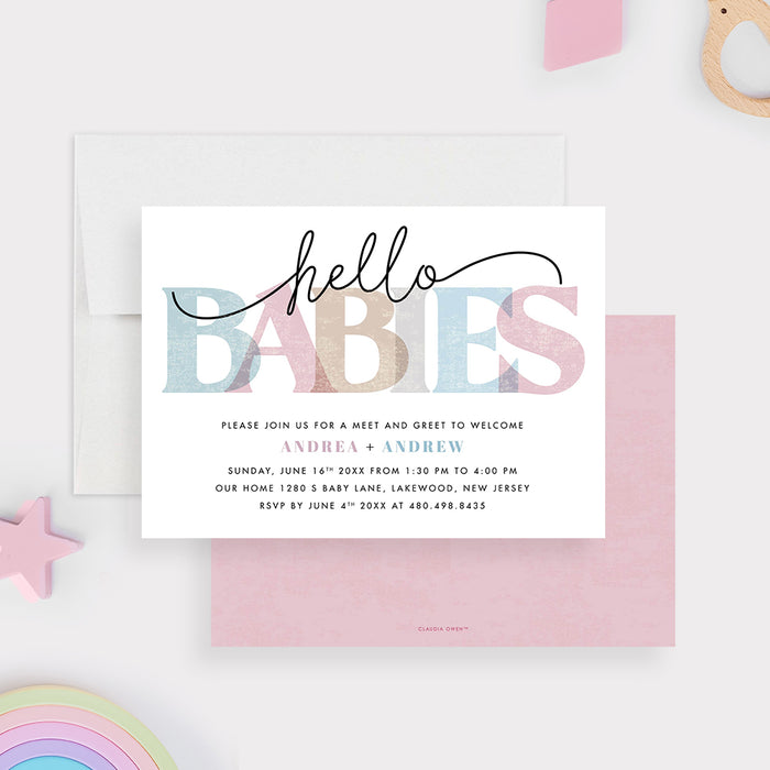 Hello Babies Baby Meet and Greet Invitation for Twins in Pastel Pink Brown Blue and Gray, Colorful Invitations for Sip and See Celebration