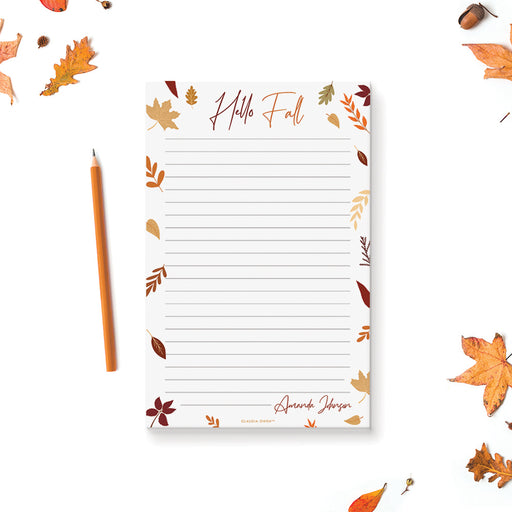 Personalized Hello Fall notepad with autumn leaf border and lined paper.