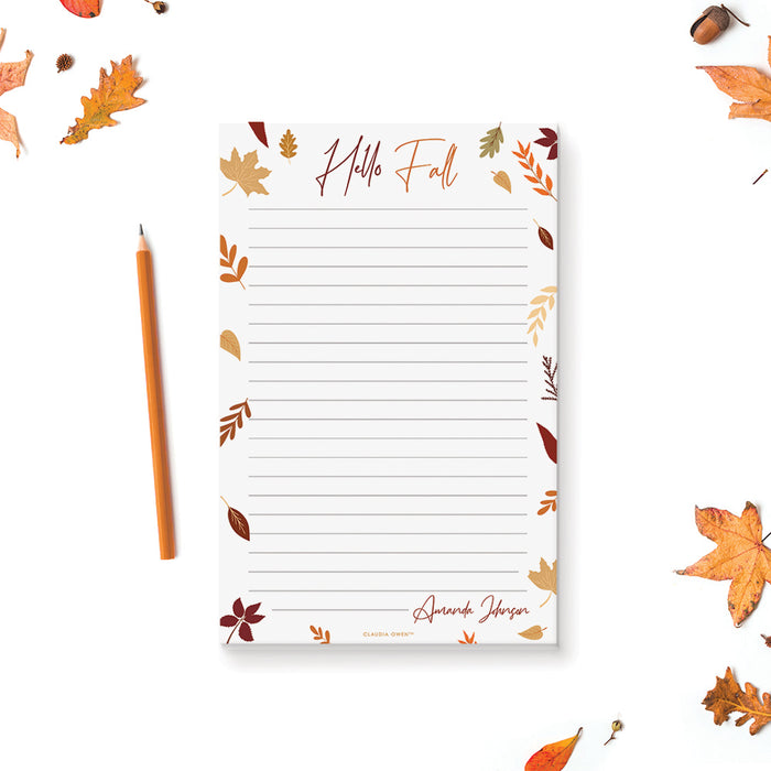 Personalized Hello Fall notepad with autumn leaf border and lined paper.