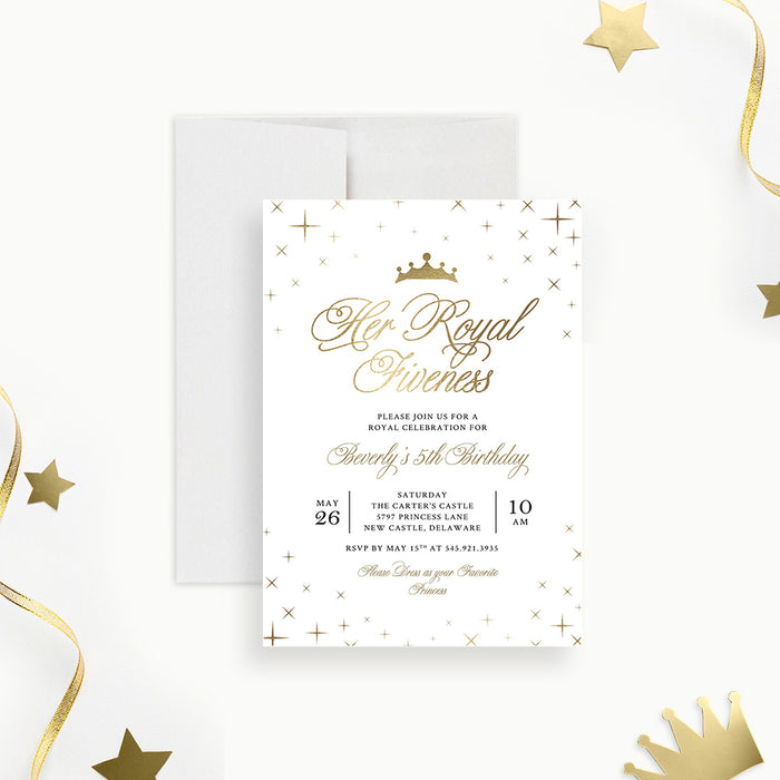 Her Royal Fiveness 5th Birthday Party Invitation for Girls, Elegant Princess Themed Birthday Invite