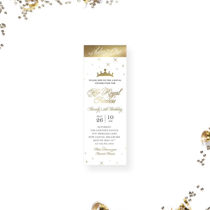 Her Royal Fiveness 5th Birthday Party Invitation for Girls, Elegant Princess Themed Birthday Invite