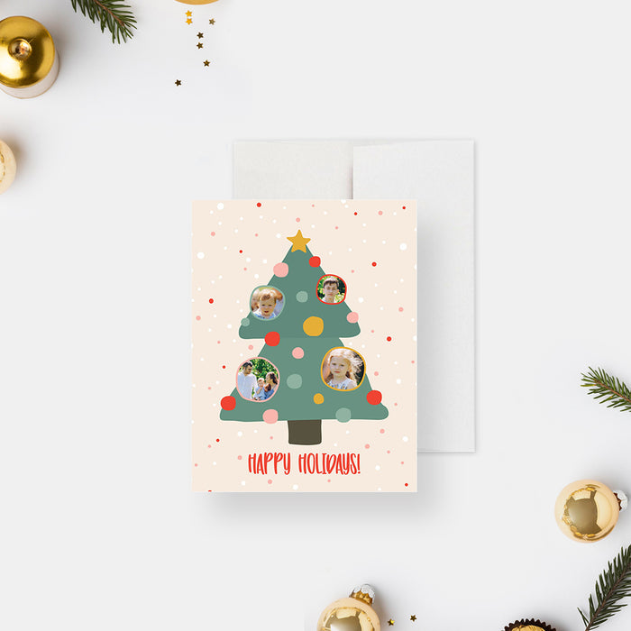 Happy Holidays Greeting Card with Christmas Tree and Colorful Baubles with Family Photos, Personalized Cute Christmas Greeting Card