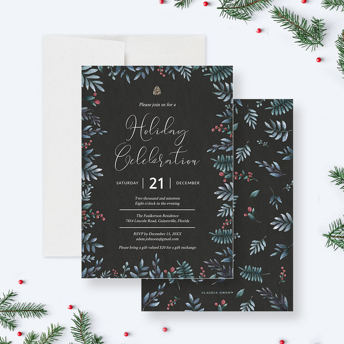 Holiday celebration invitation featuring dark background and botanical Christmas foliage, editable digital template for holiday and Christmas party events.