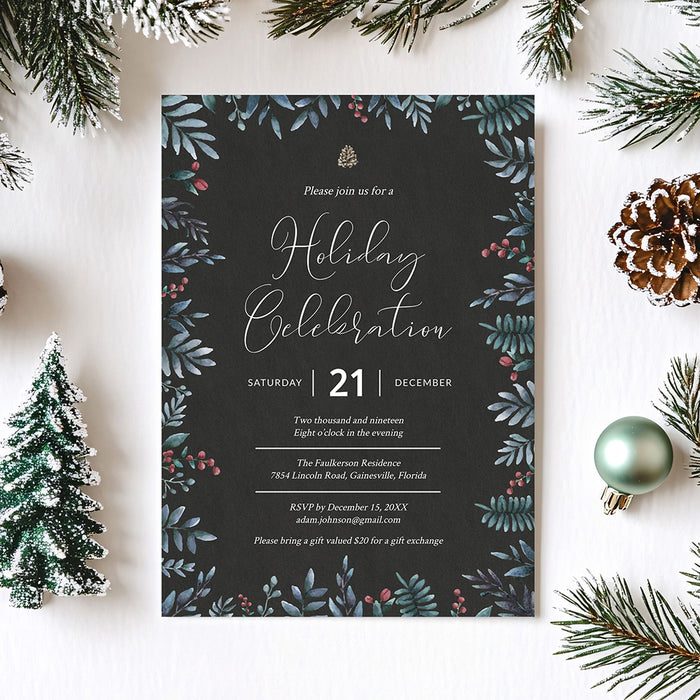 Holiday celebration invitation featuring dark background and botanical Christmas foliage, editable digital template for holiday and Christmas party events.