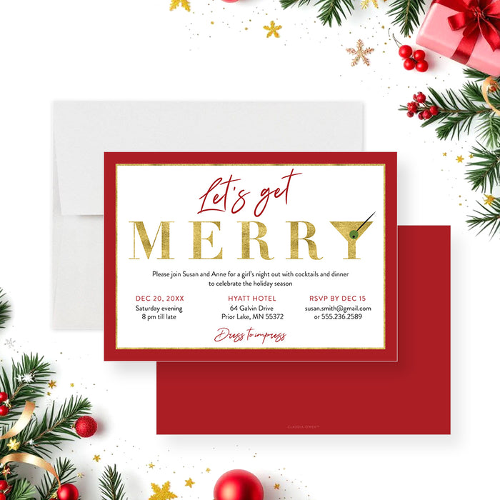 Let’s Get Merry holiday cocktail party invitation with red and gold seasonal design and martini glass-front-back