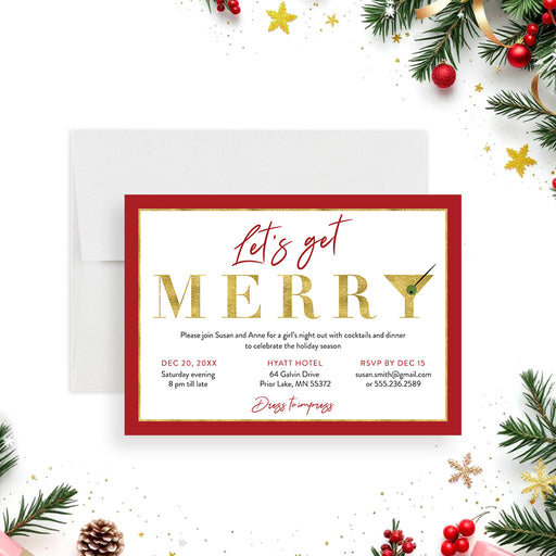 Let’s Get Merry holiday cocktail party invitation with red and gold seasonal design and martini glass-front