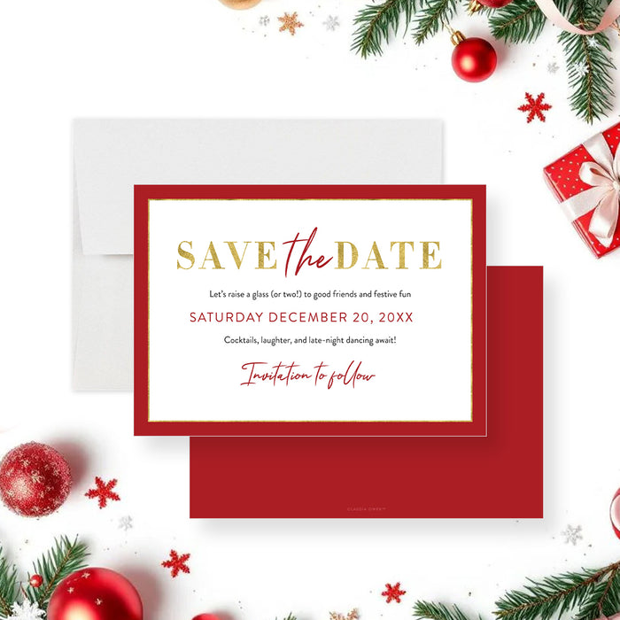 elegant red and gold holiday cocktail party save the date card with modern festive typography and seasonal design-front-back