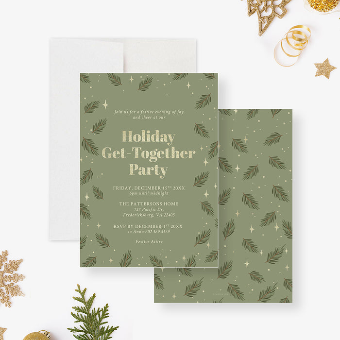 Family Holiday Get Together Invitation Card with Green Pine Boughs, Christmas Neighborhood Potluck Party Invites