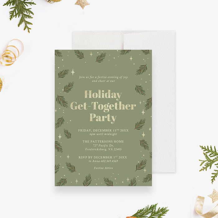 Family Holiday Get Together Invitation Card with Green Pine Boughs, Christmas Neighborhood Potluck Party Invites