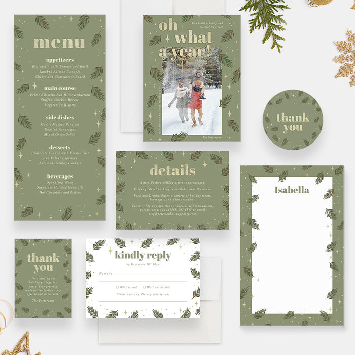 Family Holiday Get Together Invitation Card with Green Pine Boughs, Christmas Neighborhood Potluck Party Invites