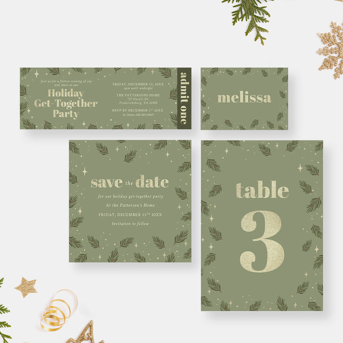 Family Holiday Get Together Invitation Card with Green Pine Boughs, Christmas Neighborhood Potluck Party Invites