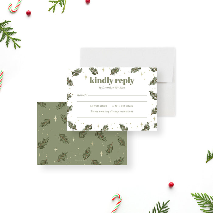 Family Holiday Get Together Invitation Card with Green Pine Boughs, Christmas Neighborhood Potluck Party Invites