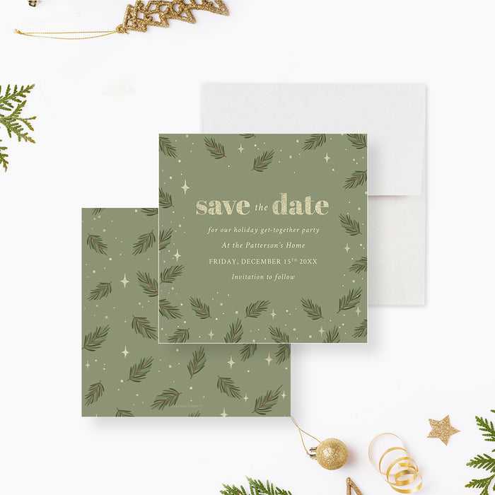 Family Holiday Get Together Save the Date Card with Green Pine Boughs, Save the Date for Christmas Potluck Celebration