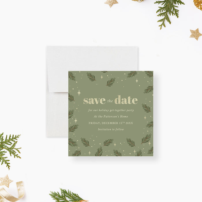 Family Holiday Get Together Save the Date Card with Green Pine Boughs, Save the Date for Christmas Potluck Celebration