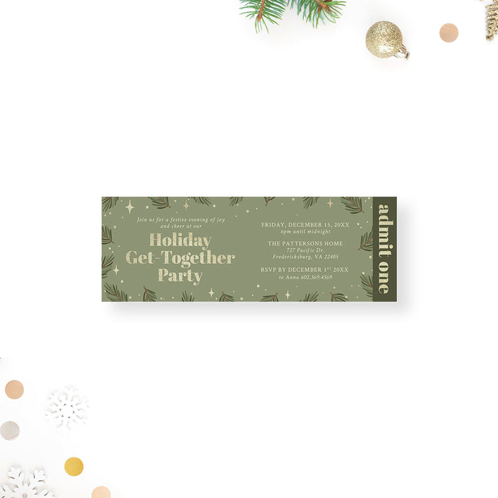 Family Holiday Get Together Invitation Card with Green Pine Boughs, Christmas Neighborhood Potluck Party Invites