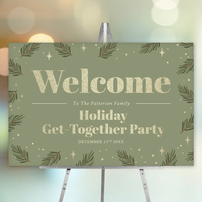 Festive holiday welcome sign with sage green background, faux gold text, and pine branch illustrations, customizable for seasonal celebrations.