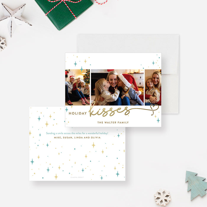 Holiday Kisses Greeting Card with Family Photos, Custom Christmas Card with Three Family Pictures